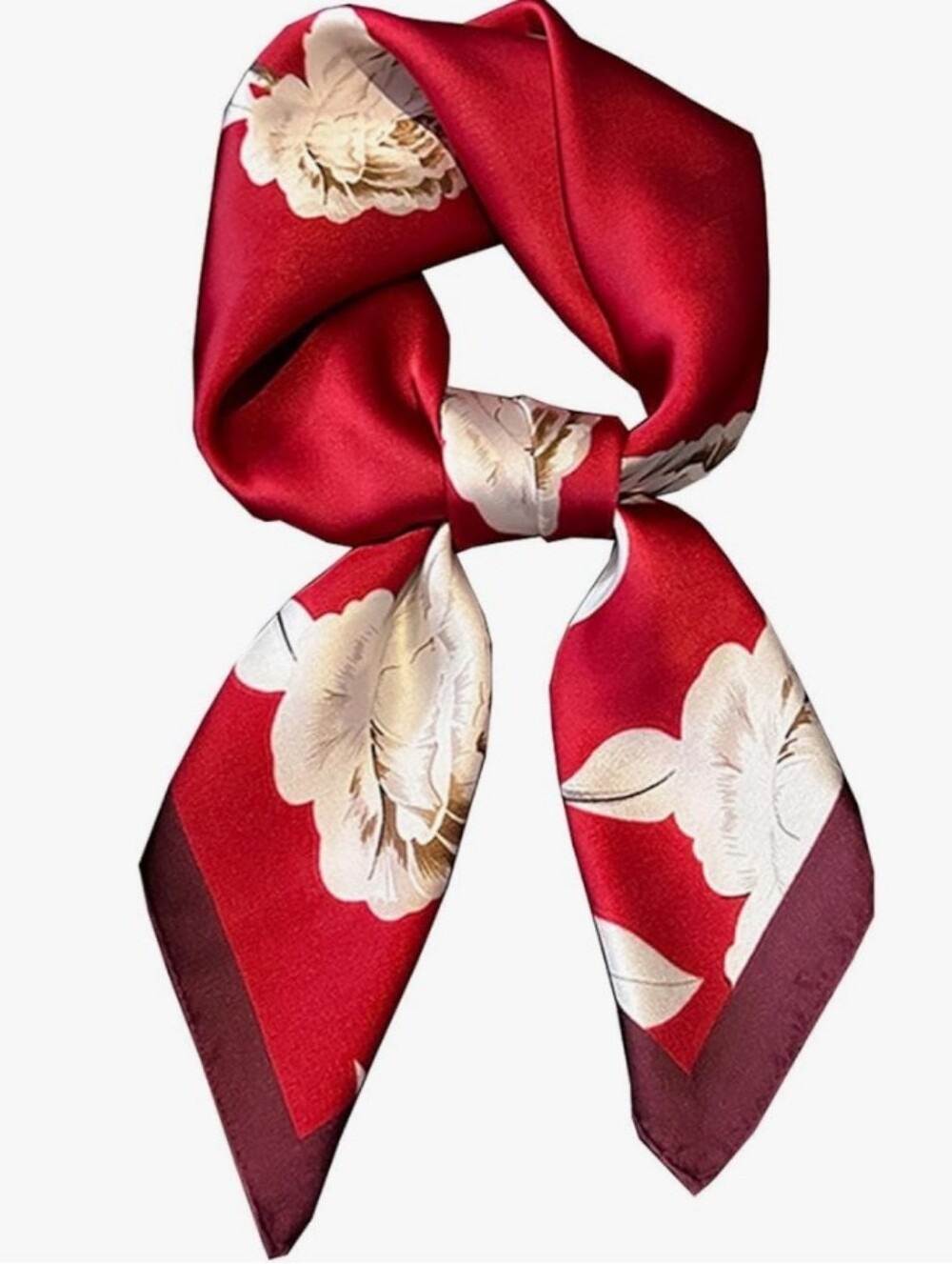 Silk-Feel Red White Floral Art Print Neck Scarf 27.5'